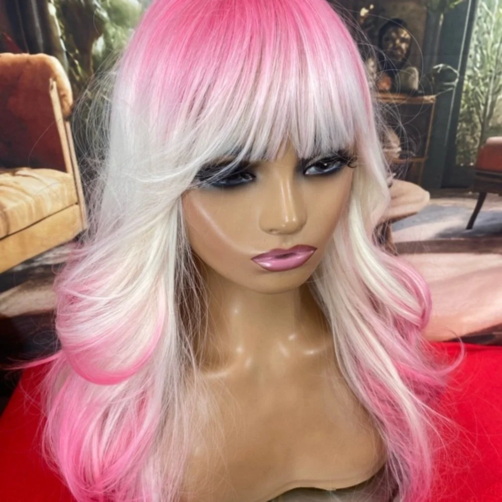 White and hot pink wig with bangs